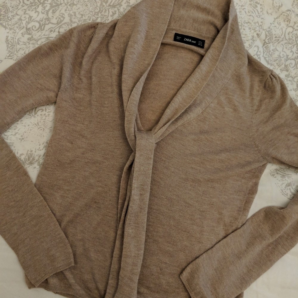 Zara tan tie neck lightweight knit sweater